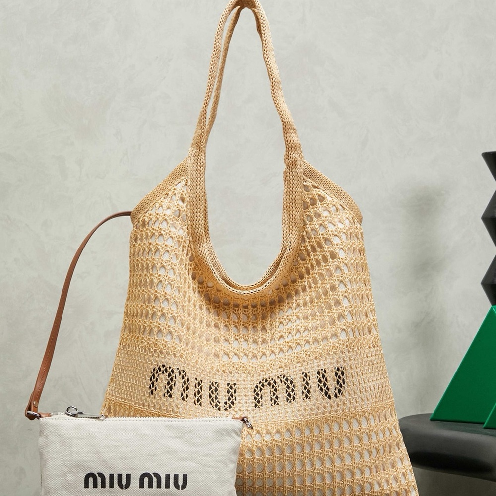 Beige Crochet Tote with Canvas Pouch and Leather Strap